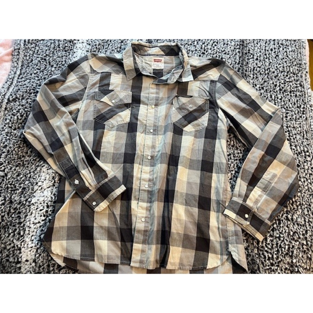 Men's Levi Strauss Two Horse Brand Black & White Plaid Pearl Button Up Shirt XXL
